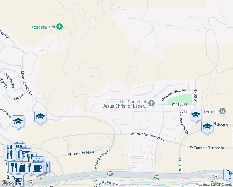map of restaurants, bars, coffee shops, grocery stores, and more near 1027 West Seasons View Court in Lehi