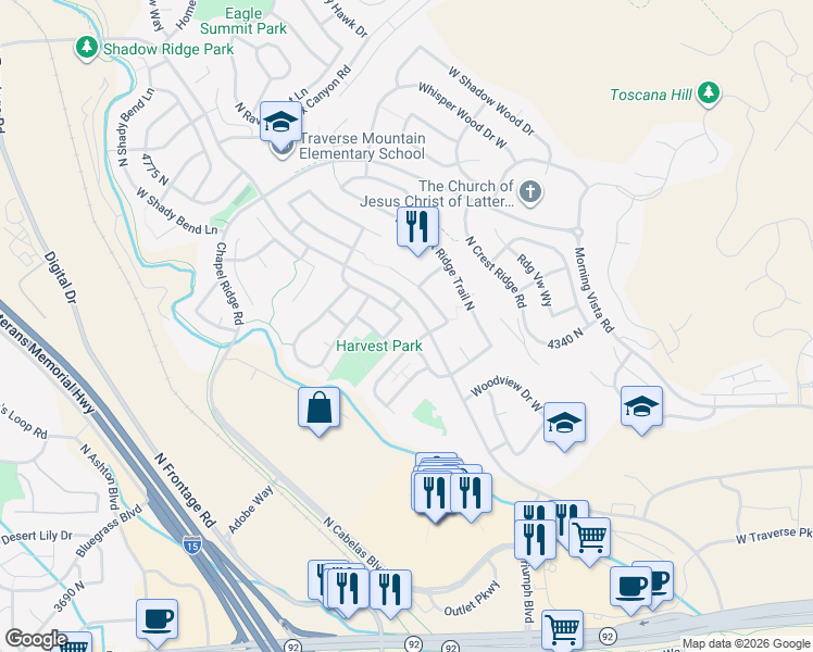 map of restaurants, bars, coffee shops, grocery stores, and more near 4344 Peppercorn Road North in Lehi