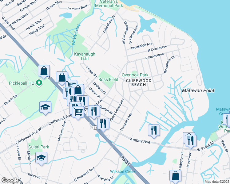 map of restaurants, bars, coffee shops, grocery stores, and more near 354 Beverly Drive in Keyport