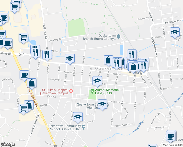 map of restaurants, bars, coffee shops, grocery stores, and more near 25 South 8th Street in Quakertown