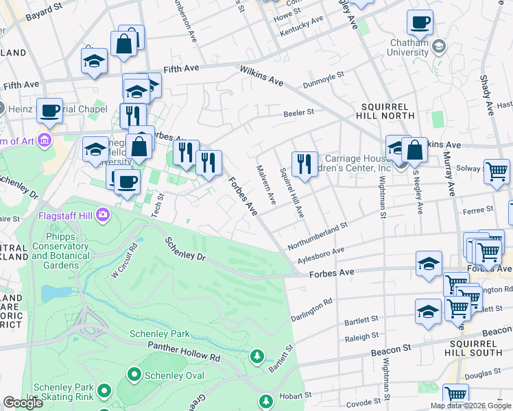 map of restaurants, bars, coffee shops, grocery stores, and more near 1324 Malvern Avenue in Pittsburgh