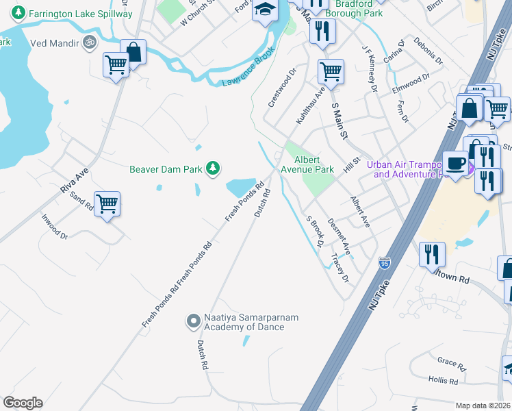 map of restaurants, bars, coffee shops, grocery stores, and more near 163 Dutch Road in East Brunswick