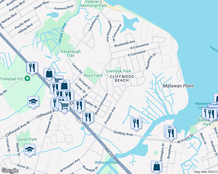 map of restaurants, bars, coffee shops, grocery stores, and more near 751 Shore Concourse in Keyport