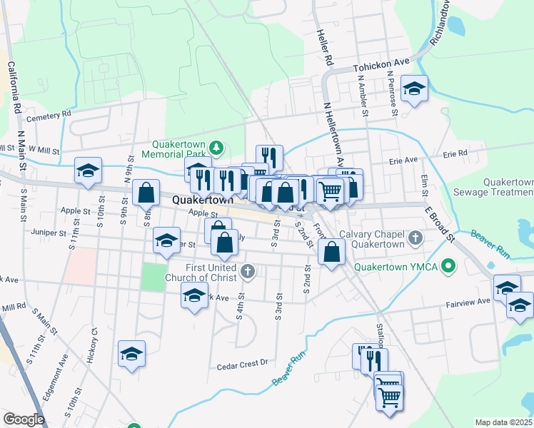 map of restaurants, bars, coffee shops, grocery stores, and more near 301 West Broad Street in Quakertown