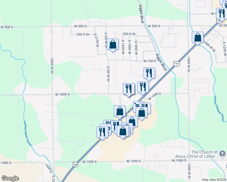 map of restaurants, bars, coffee shops, grocery stores, and more near 2042 West 1000 South in Vernal