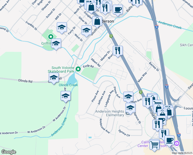 map of restaurants, bars, coffee shops, grocery stores, and more near 1560-1666 Bruce Drive in Anderson