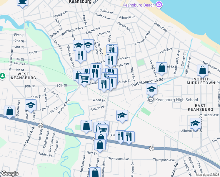 map of restaurants, bars, coffee shops, grocery stores, and more near in Keansburg