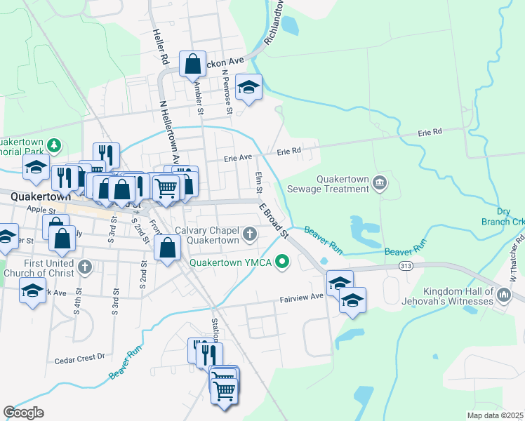 map of restaurants, bars, coffee shops, grocery stores, and more near 414 East Broad Street in Quakertown