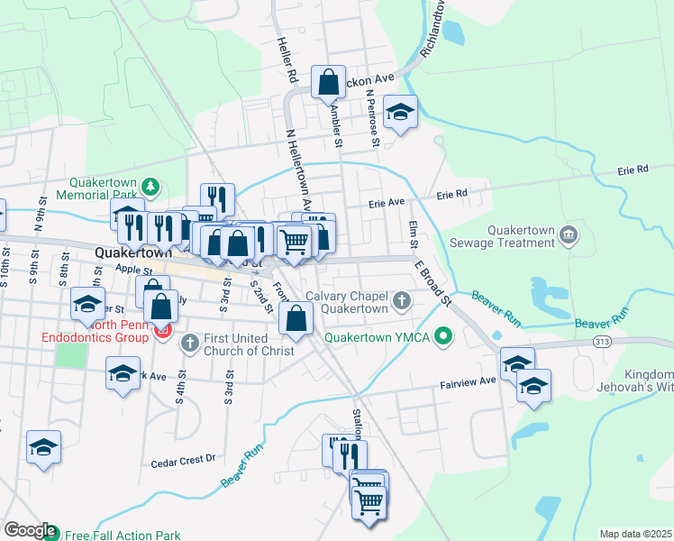 map of restaurants, bars, coffee shops, grocery stores, and more near 232 East Broad Street in Quakertown