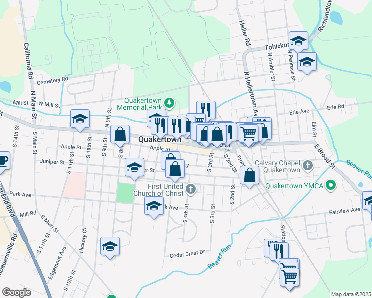 map of restaurants, bars, coffee shops, grocery stores, and more near 331 West Broad Street in Quakertown