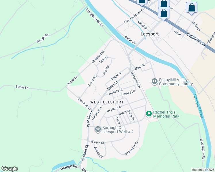 map of restaurants, bars, coffee shops, grocery stores, and more near 315 Main Street in Leesport