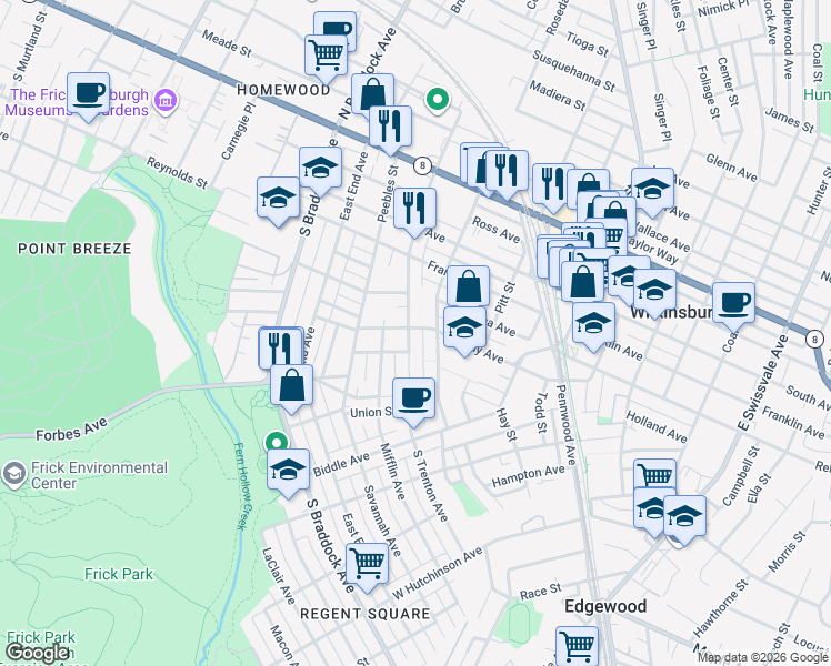map of restaurants, bars, coffee shops, grocery stores, and more near 467 South Trenton Avenue in Pittsburgh