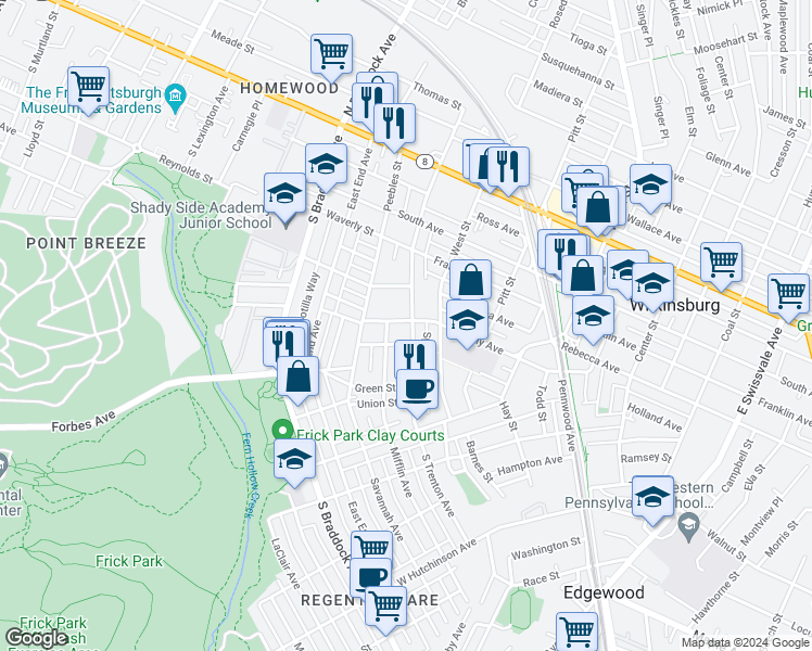 map of restaurants, bars, coffee shops, grocery stores, and more near in Wilkinsburg