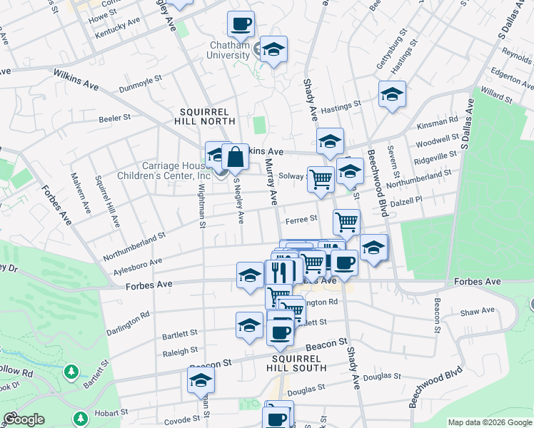 map of restaurants, bars, coffee shops, grocery stores, and more near 5725 Northumberland Street in Pittsburgh