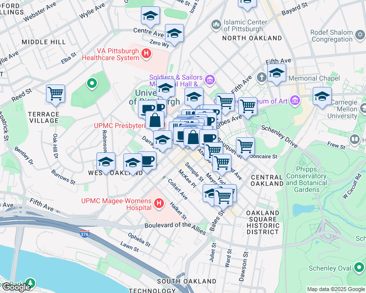 map of restaurants, bars, coffee shops, grocery stores, and more near 3705 Fifth Avenue in Pittsburgh