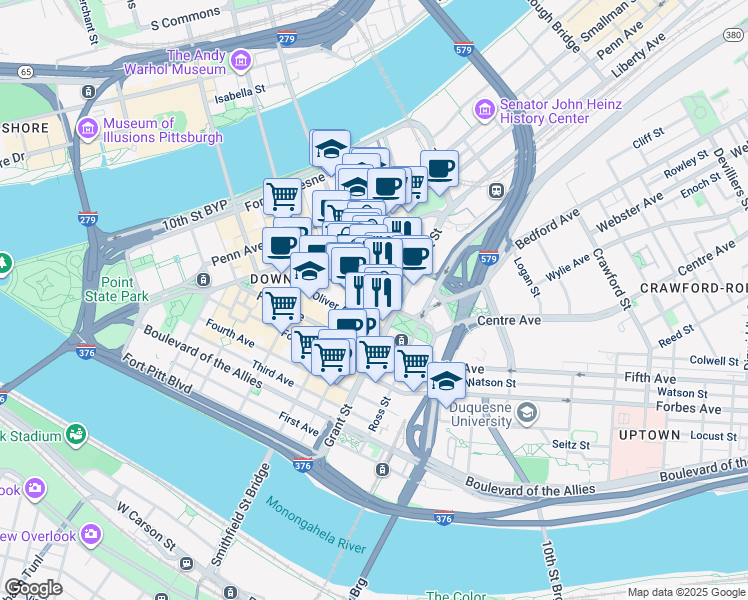 map of restaurants, bars, coffee shops, grocery stores, and more near 611 William Penn Place in Pittsburgh