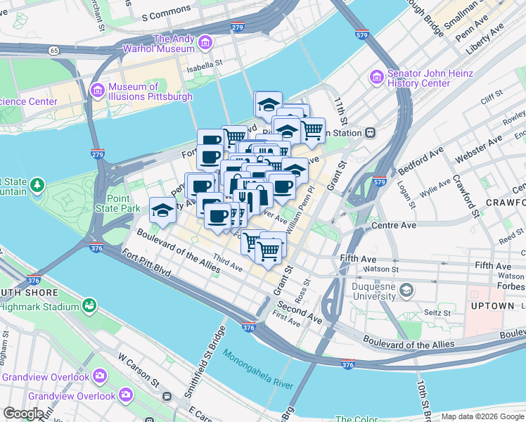 map of restaurants, bars, coffee shops, grocery stores, and more near 300 Sixth Avenue in Pittsburgh