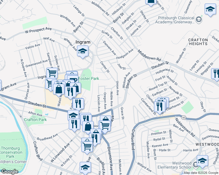 map of restaurants, bars, coffee shops, grocery stores, and more near 10 Valley Street in Crafton