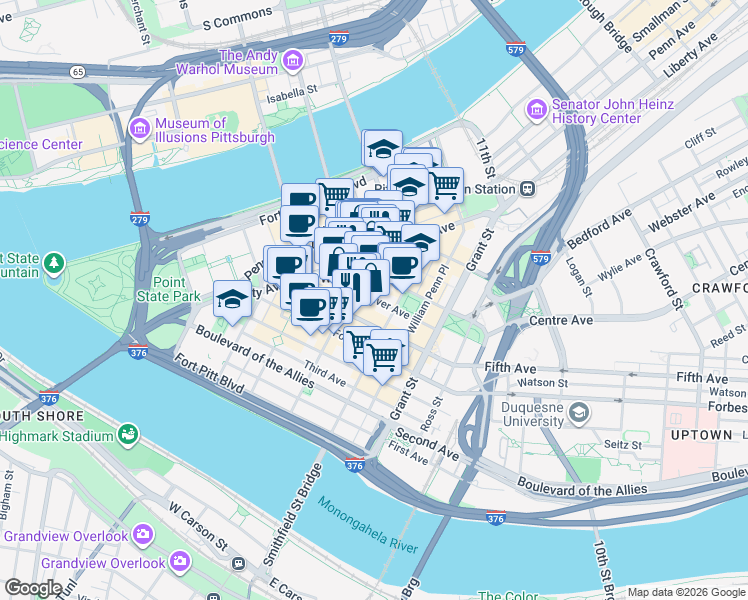 map of restaurants, bars, coffee shops, grocery stores, and more near 350 Oliver Avenue in Pittsburgh