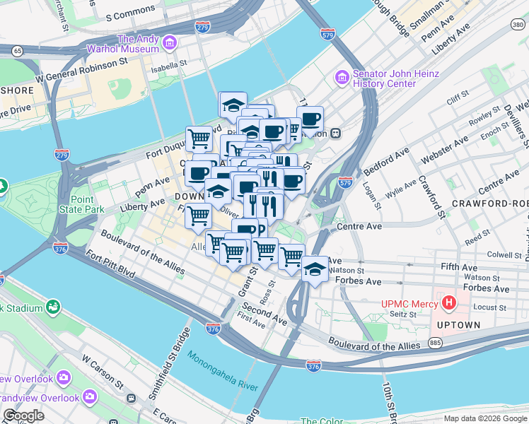 map of restaurants, bars, coffee shops, grocery stores, and more near 425 Sixth Avenue in Pittsburgh