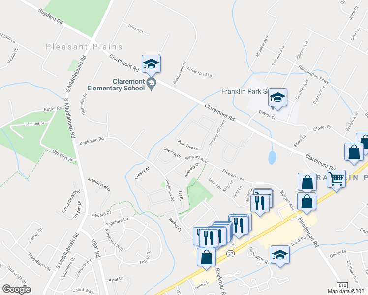 map of restaurants, bars, coffee shops, grocery stores, and more near 58 Pear Tree Lane in Franklin Township