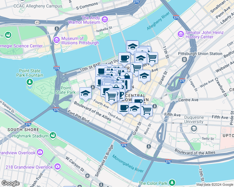 map of restaurants, bars, coffee shops, grocery stores, and more near 239 Fifth Avenue in Pittsburgh