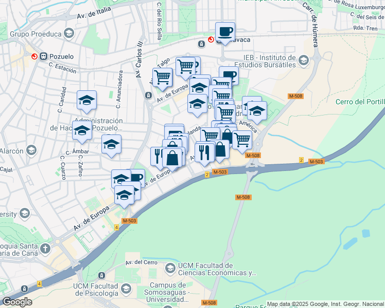 map of restaurants, bars, coffee shops, grocery stores, and more near 19 Avenida de Europa in Pozuelo de Alarcón