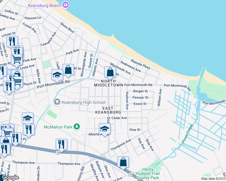 map of restaurants, bars, coffee shops, grocery stores, and more near 709 Monmouth Parkway in Middletown