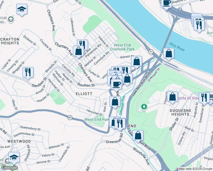 map of restaurants, bars, coffee shops, grocery stores, and more near 179 Steuben Street in Pittsburgh