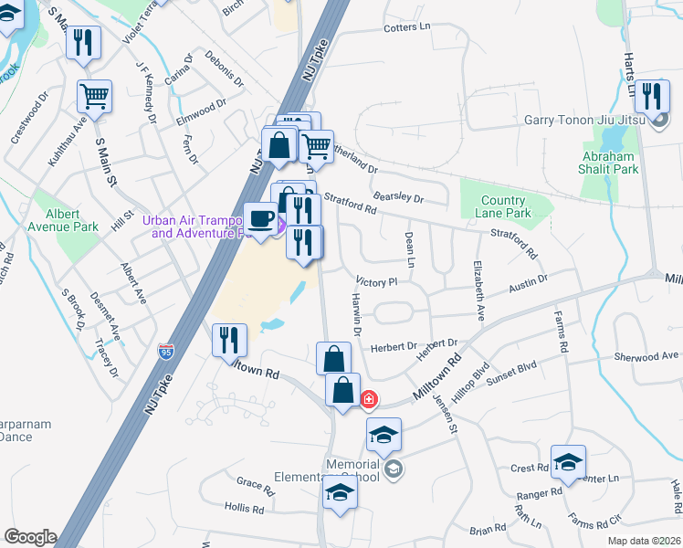 map of restaurants, bars, coffee shops, grocery stores, and more near 45 Victory Place in East Brunswick