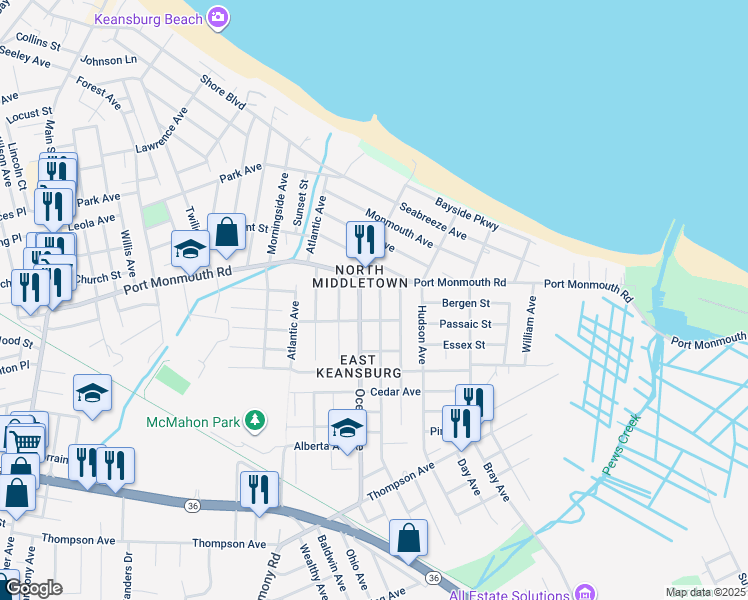 map of restaurants, bars, coffee shops, grocery stores, and more near 709 Monmouth Parkway in Middletown