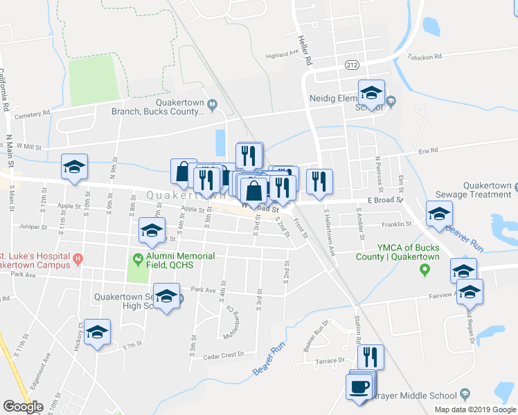 map of restaurants, bars, coffee shops, grocery stores, and more near 1 South 3rd Street in Quakertown