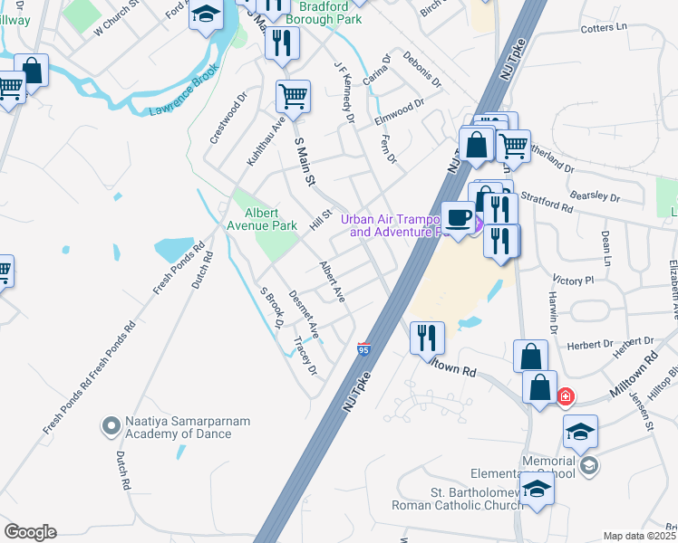 map of restaurants, bars, coffee shops, grocery stores, and more near 35 Pershing Avenue in Milltown