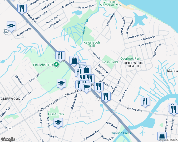 map of restaurants, bars, coffee shops, grocery stores, and more near 197 Raritan Street in Keyport