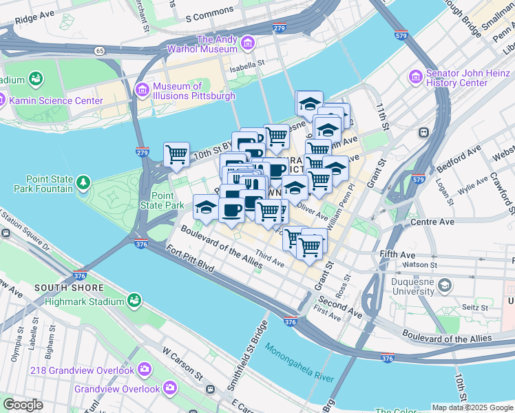 map of restaurants, bars, coffee shops, grocery stores, and more near 204 Fifth Avenue in Pittsburgh