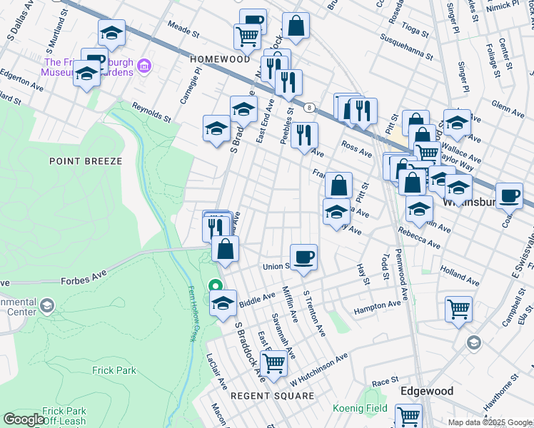 map of restaurants, bars, coffee shops, grocery stores, and more near 9101 Cromwell Street in Pittsburgh