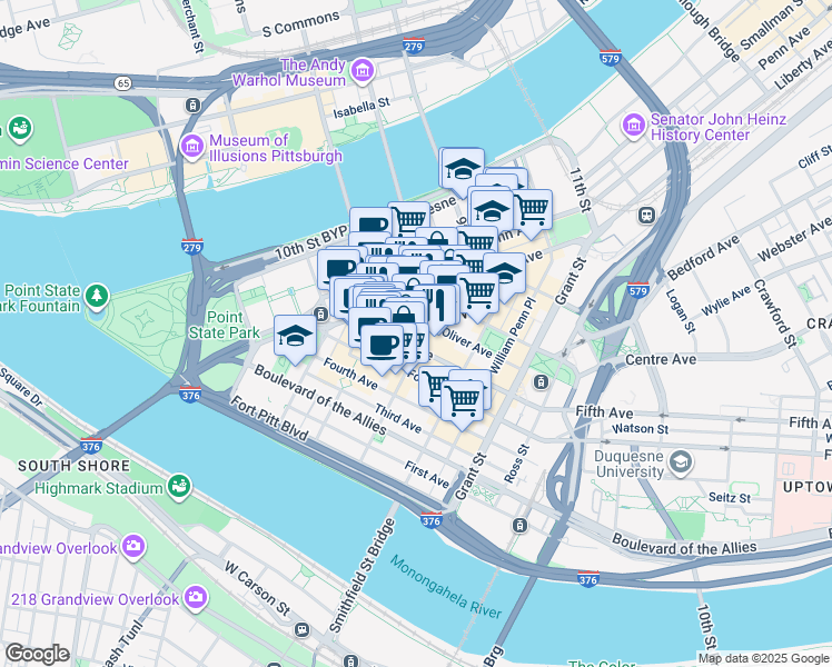 map of restaurants, bars, coffee shops, grocery stores, and more near 255 Fifth Avenue in Pittsburgh