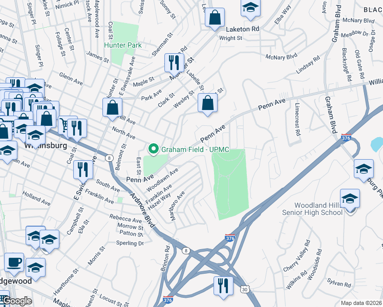 map of restaurants, bars, coffee shops, grocery stores, and more near 1425 Penn Avenue in Pittsburgh