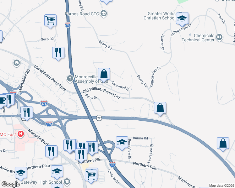map of restaurants, bars, coffee shops, grocery stores, and more near 529 Lakewood Drive in Monroeville