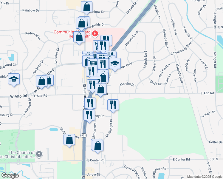 map of restaurants, bars, coffee shops, grocery stores, and more near 600 East Alto Road in Kokomo