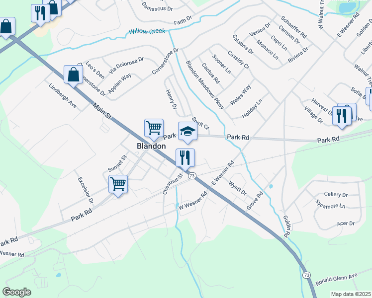 map of restaurants, bars, coffee shops, grocery stores, and more near 355 Andrew Maier Boulevard in Blandon
