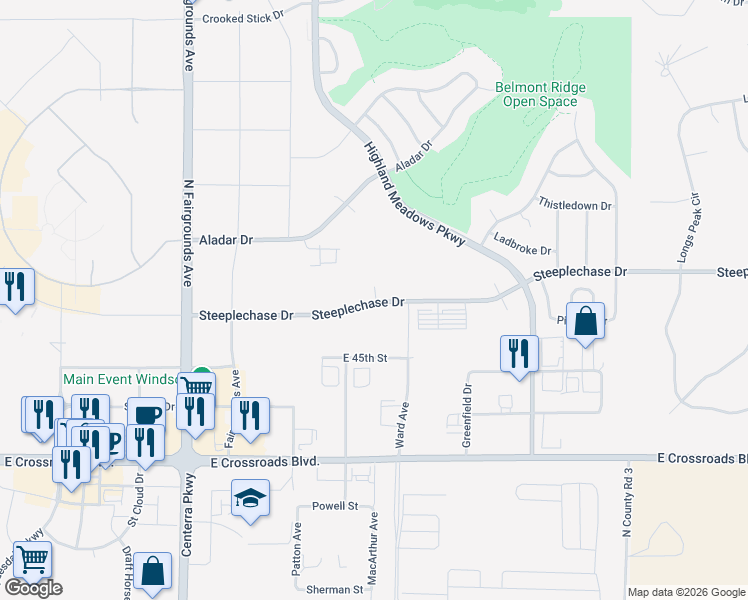 map of restaurants, bars, coffee shops, grocery stores, and more near 6900 Steeplechase Drive in Windsor