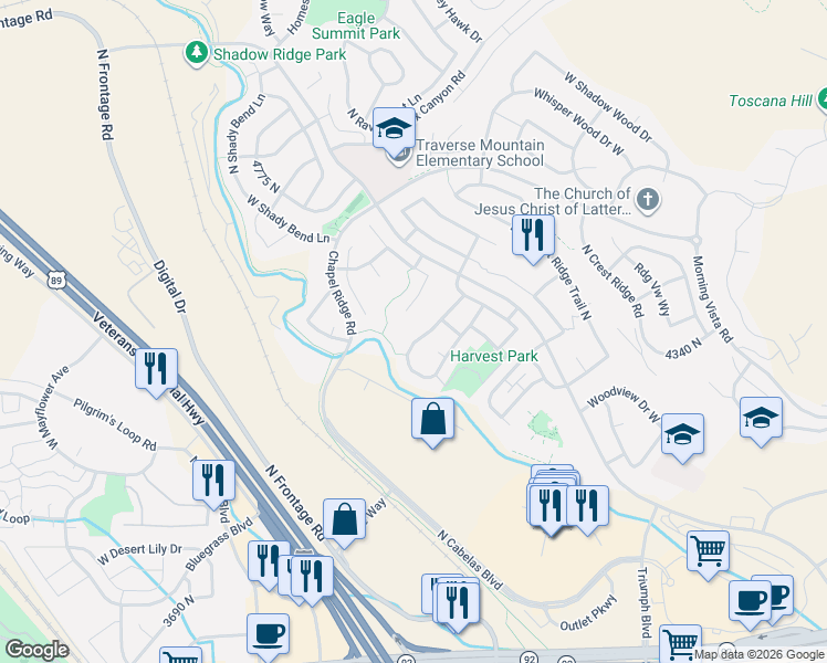 map of restaurants, bars, coffee shops, grocery stores, and more near 4359 North Chestnut Oak Drive in Lehi
