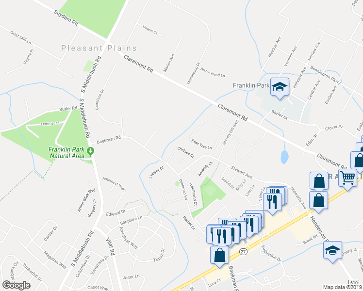 map of restaurants, bars, coffee shops, grocery stores, and more near 51 Chelsea Court in Franklin Township