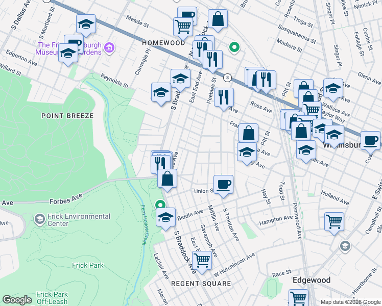 map of restaurants, bars, coffee shops, grocery stores, and more near 7728 Abbott Street in Pittsburgh