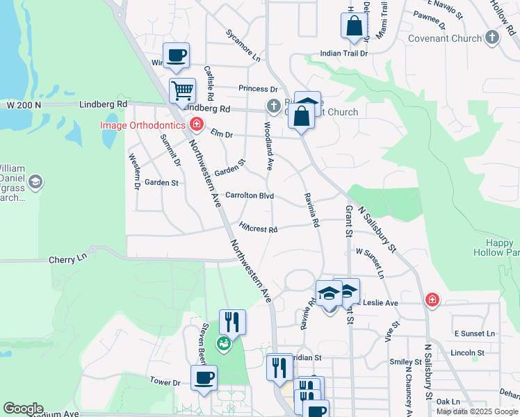 map of restaurants, bars, coffee shops, grocery stores, and more near 801 Carrolton Boulevard in West Lafayette