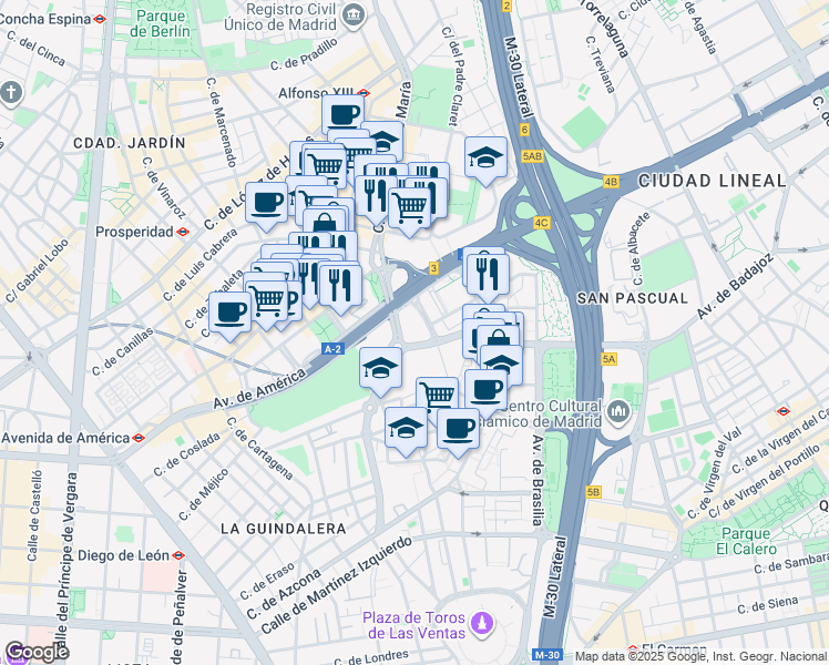 map of restaurants, bars, coffee shops, grocery stores, and more near 38 Avenida de América in Madrid
