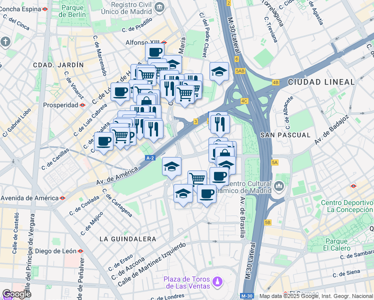 map of restaurants, bars, coffee shops, grocery stores, and more near 38 Avenida de América in Madrid