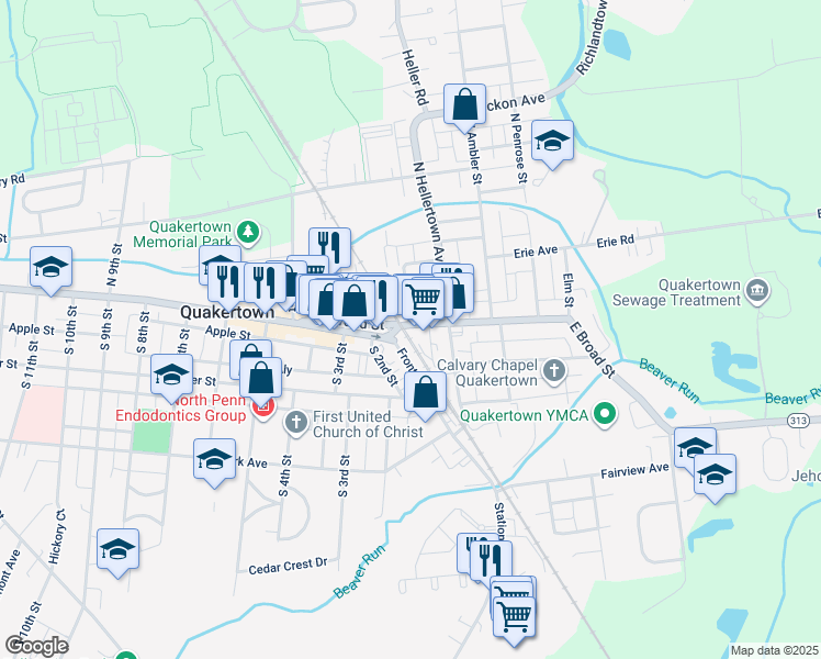 map of restaurants, bars, coffee shops, grocery stores, and more near 101 East Broad Street in Quakertown