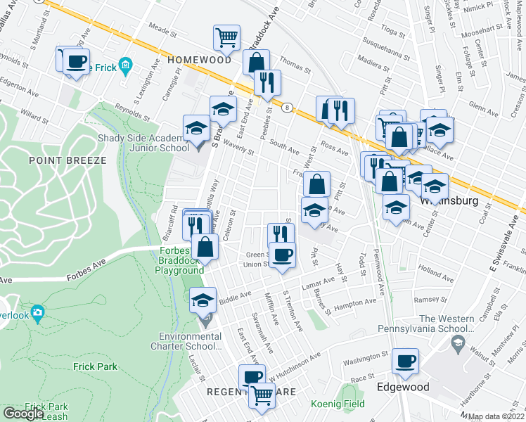 map of restaurants, bars, coffee shops, grocery stores, and more near Mifflin Ave & Kelly Ave in Wilkinsburg